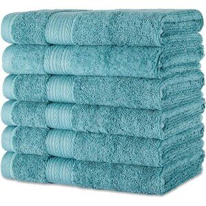 Cotton Hand Towels 6 Pack Fade Resistant Soft Absorbent Bath Kitchen Teal Green